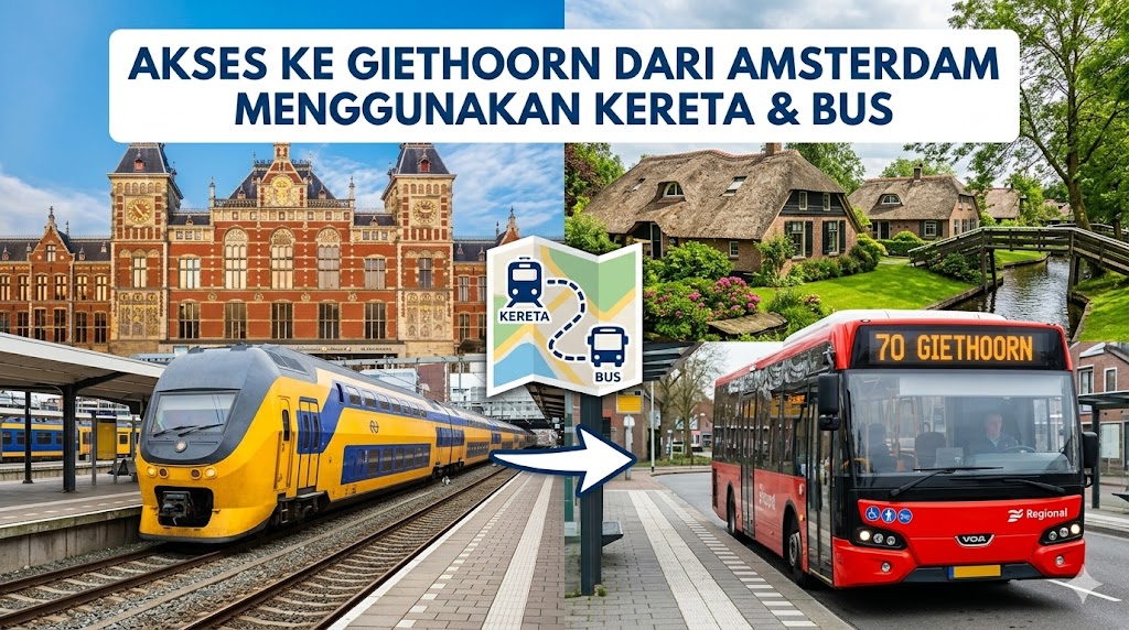 akses ke Giethoorn dari Amsterdam menggunakan kereta & bus